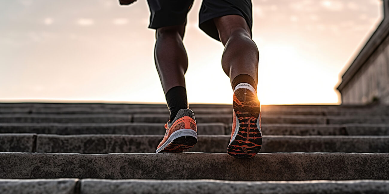 a person's legs and feet on stairs